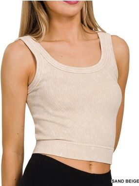 Zenana Outfitters Sand Beige Ribbed Cropped Tank